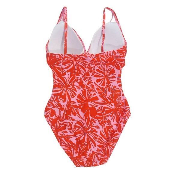 Ellen Tracy One-Piece Swimsuit Size 8 Pink Red Tropical Floral Ruched V-Neck. - Picture 2 of 6